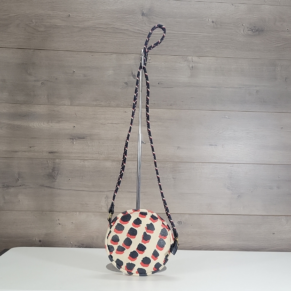 Clare V. Cream and Blue Patterned Round Crossbody Bag